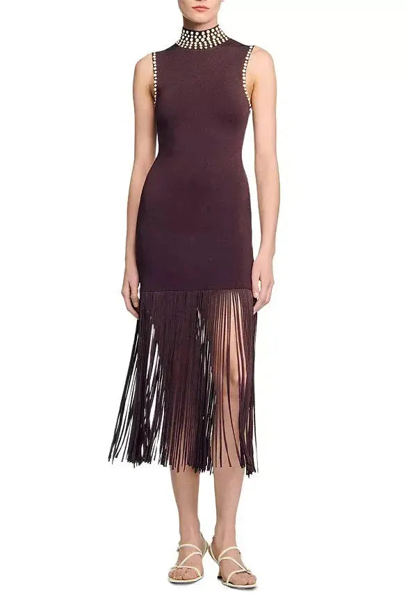 Brown Fringe Knit Embellished Sleevless Midi Dress