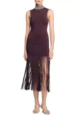 Brown Fringe Knit Embellished Sleevless Midi Dress