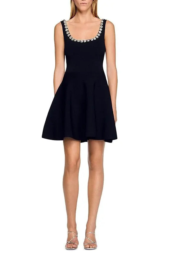 Rhinestone Embellished Knit Mini Dress in Black