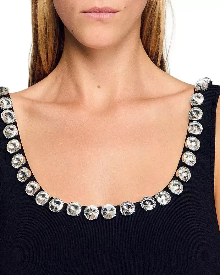 Rhinestone Embellished Knit Mini Dress in Black