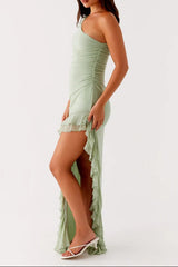 One-Shoulder Ruffle Trim Maxi Dress in Green