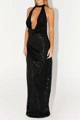 Sequin Cutout Halter Backless Maxi Dress in Black