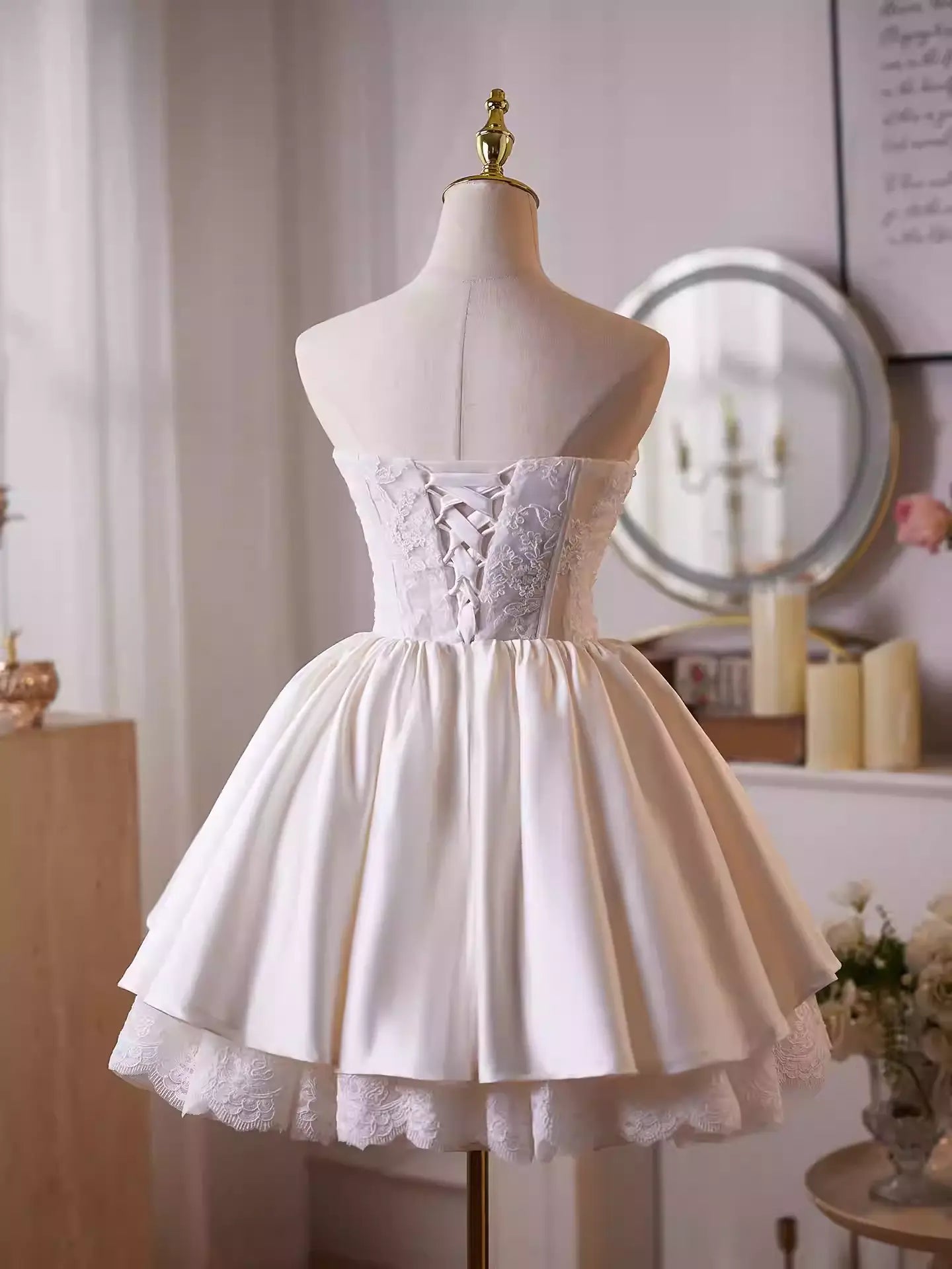 White Flower Lace Satin Mini Dress