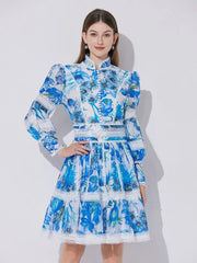Lace-Paneled Printed Lantern Sleeves Mini Dress in Blue