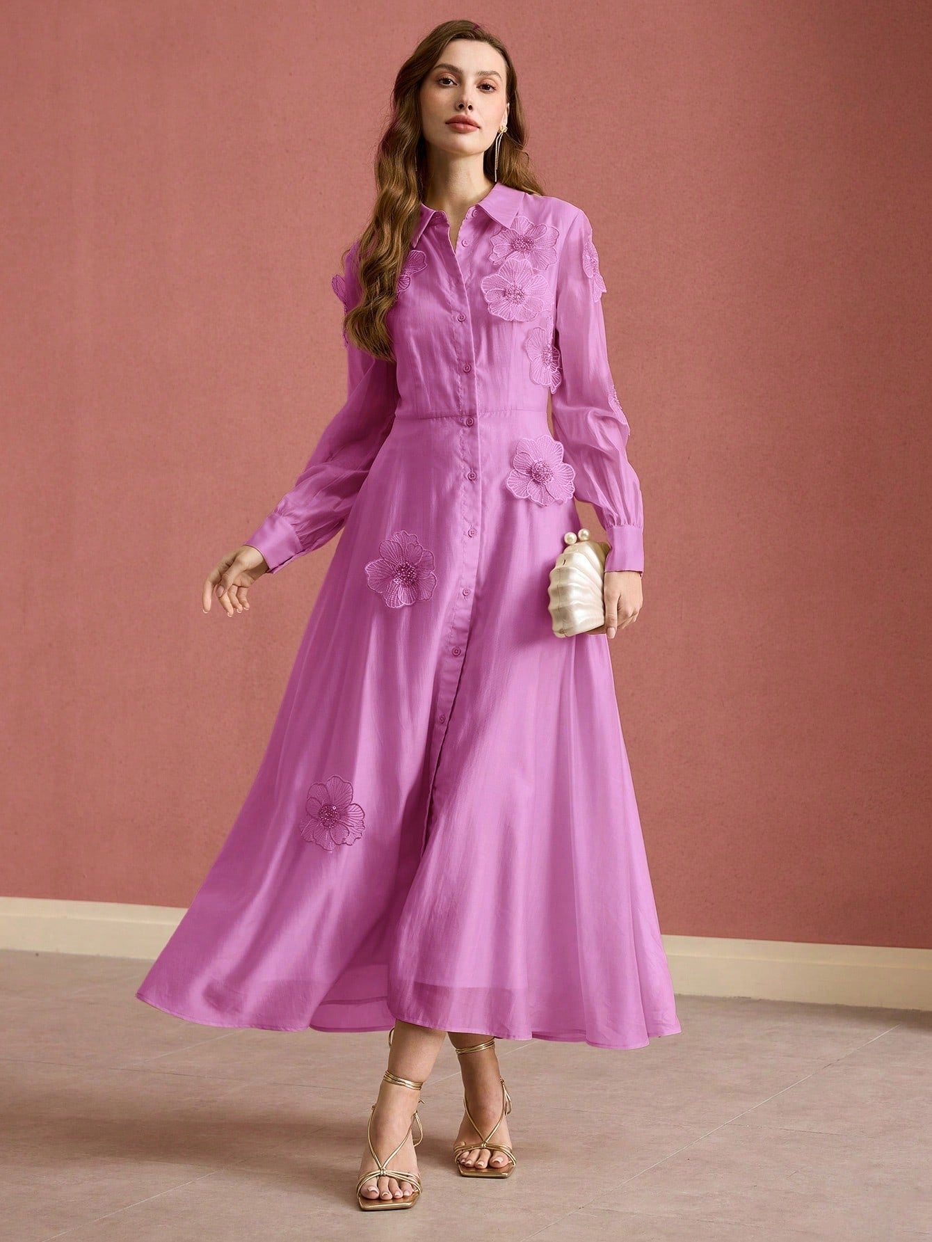 Floral Shirt Midi Dress in Pink