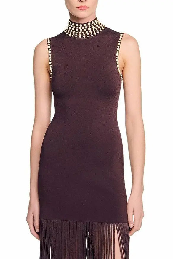 Brown Fringe Knit Embellished Sleevless Midi Dress