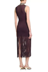Brown Fringe Knit Embellished Sleevless Midi Dress