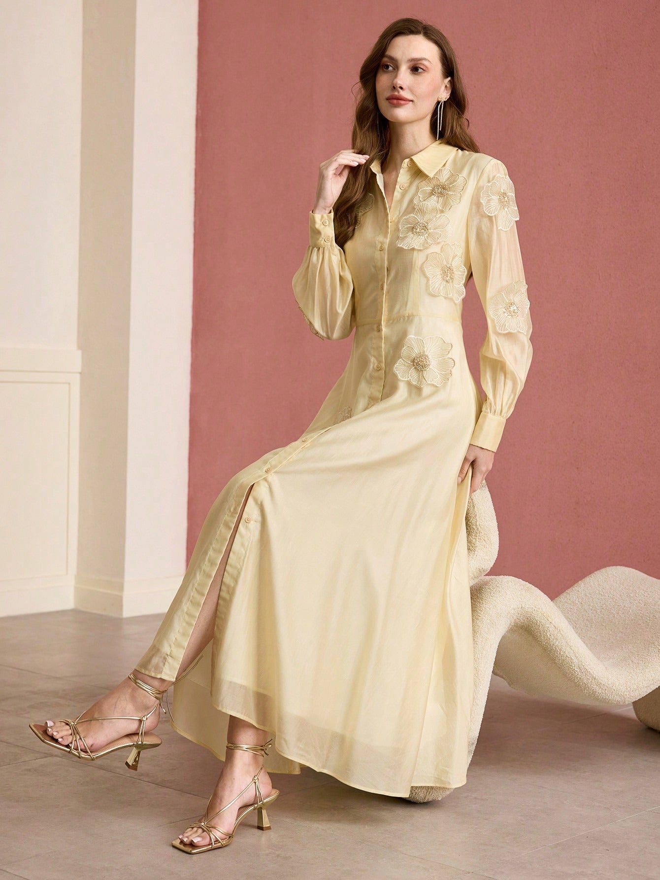 Floral Shirt Midi Dress in Yellow