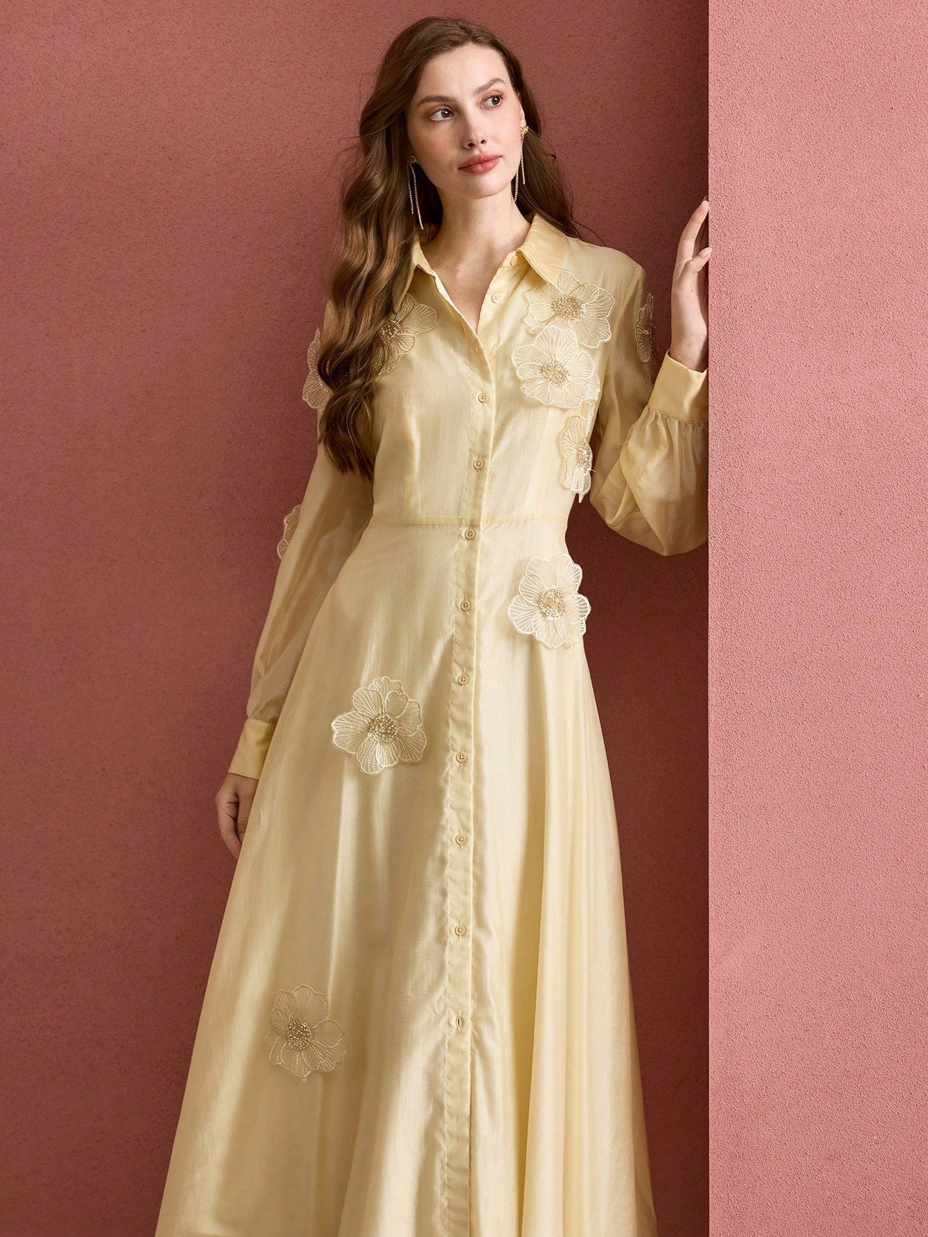 Floral Shirt Midi Dress in Yellow