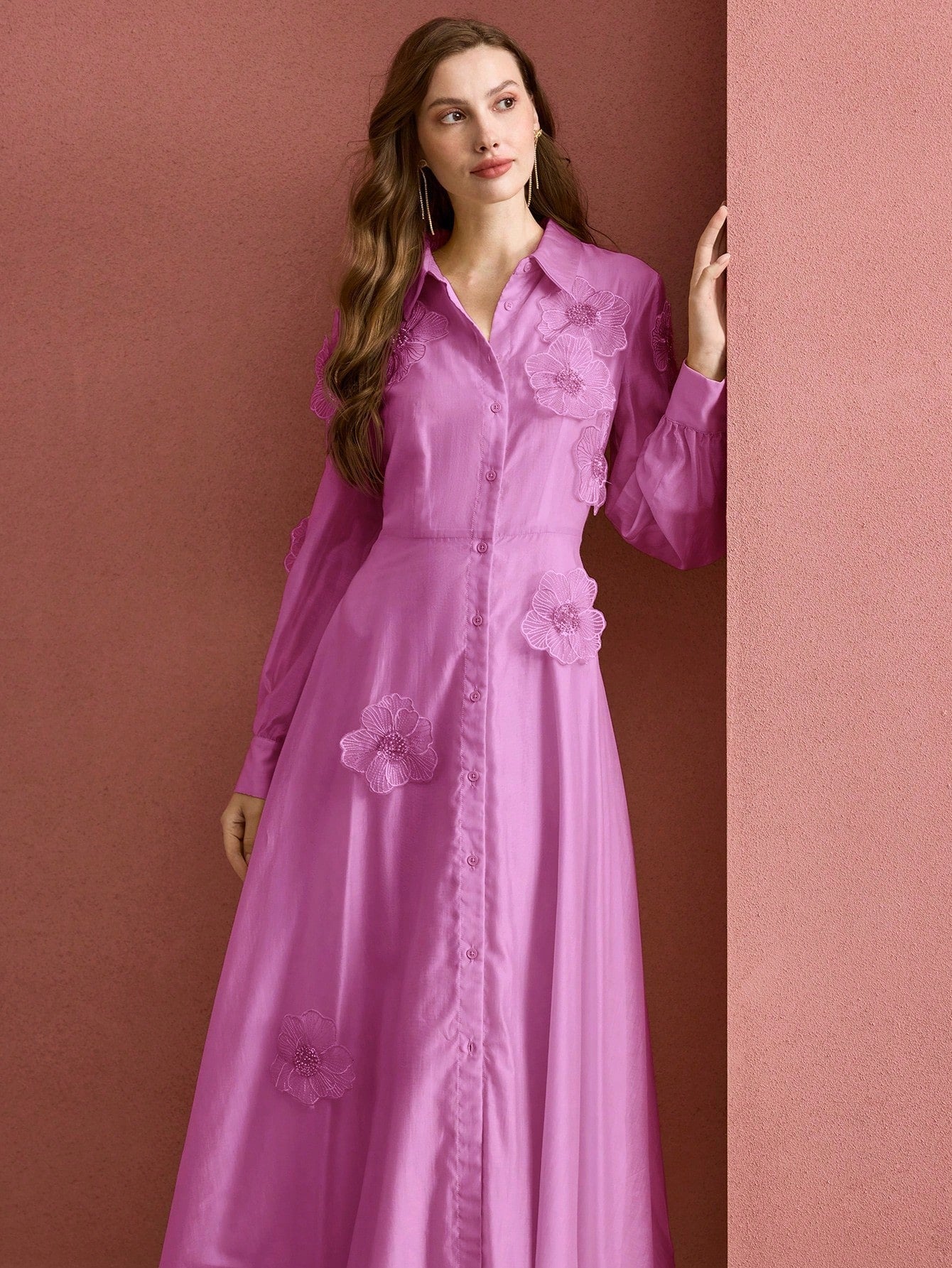 Floral Shirt Midi Dress in Pink
