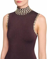 Brown Fringe Knit Embellished Sleevless Midi Dress