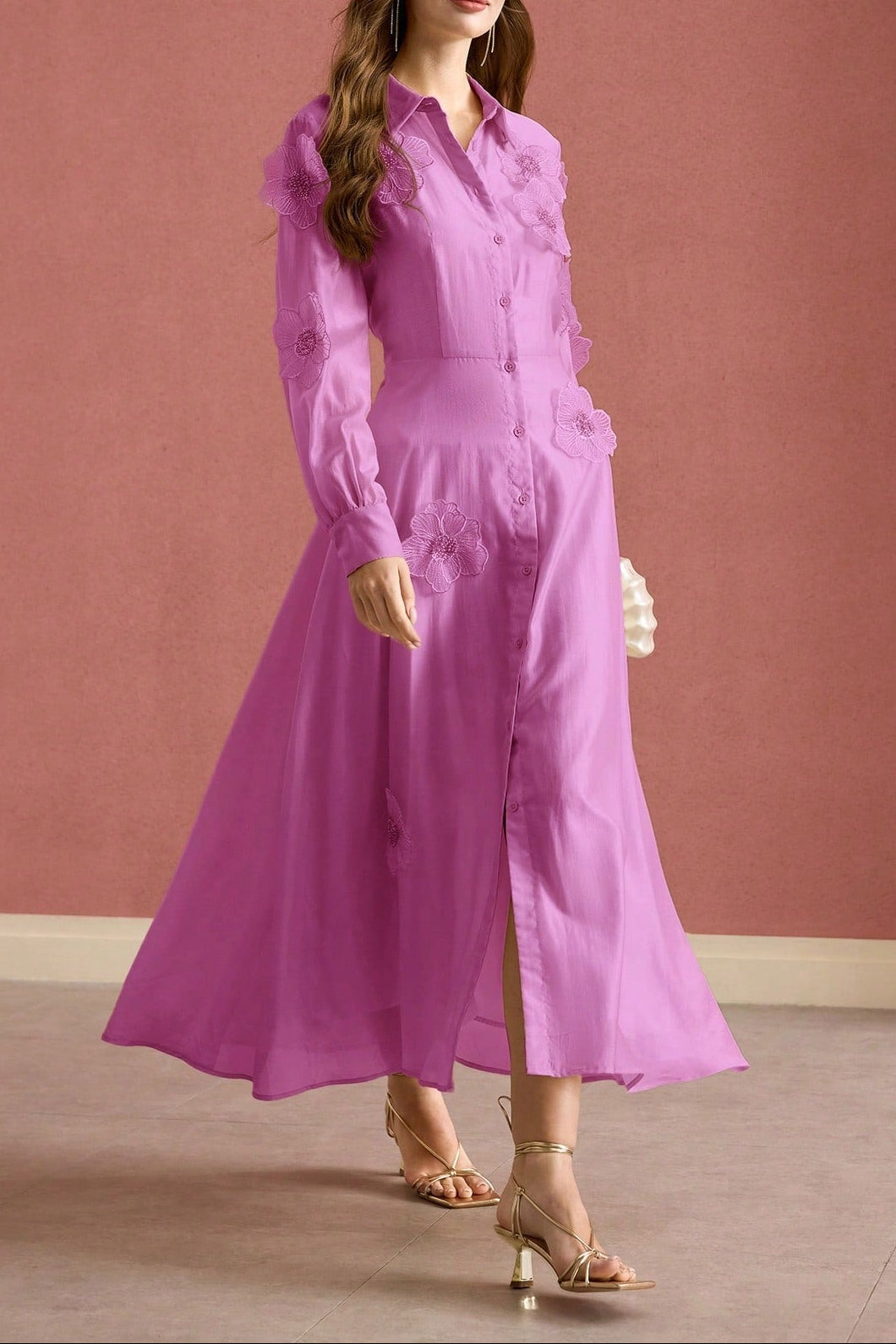 Floral Shirt Midi Dress in Pink