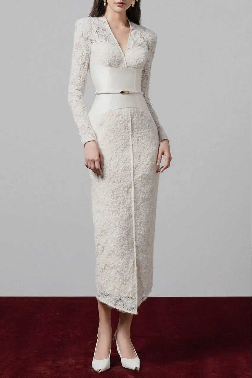 White V-Neck Lace Patchwork Midi Dress