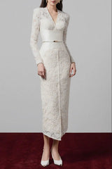 White V-Neck Lace Patchwork Midi Dress