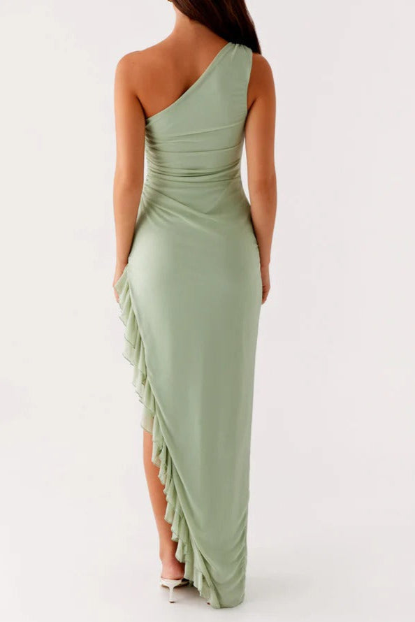One-Shoulder Ruffle Trim Maxi Dress in Green