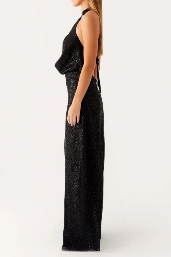 Sequin Cutout Halter Backless Maxi Dress in Black
