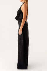 Sequin Cutout Halter Backless Maxi Dress in Black