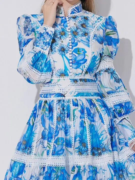 Lace-Paneled Printed Lantern Sleeves Mini Dress in Blue