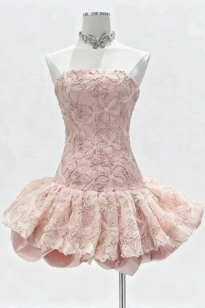 Embroidered Lace Ruffle Mini Dress in Pink