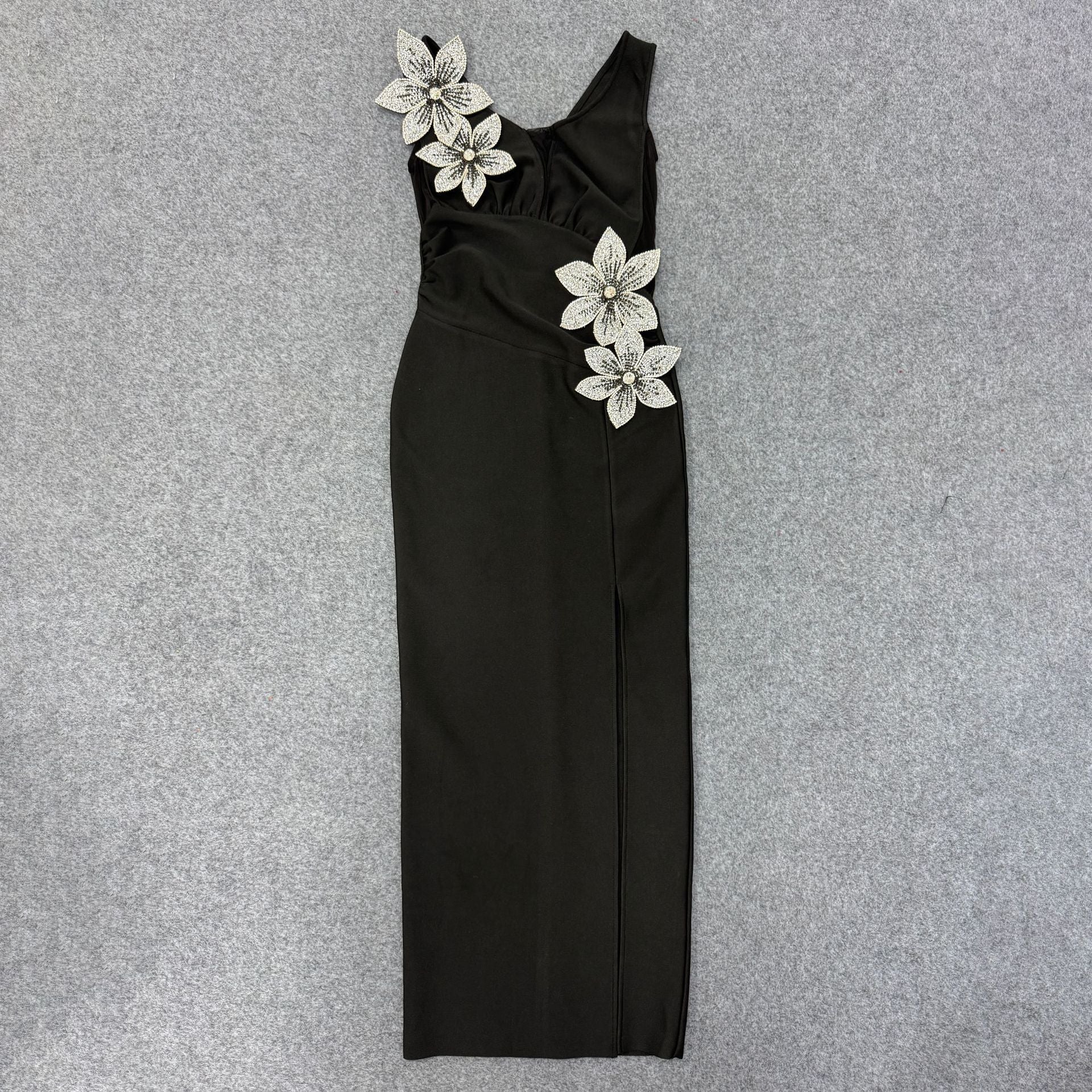 Black 3D Floral Rhinestone Bodycon Maxi Bandage Dress