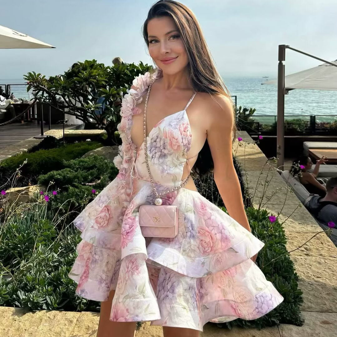3D Flower Ruffle Mini Dress in Pink