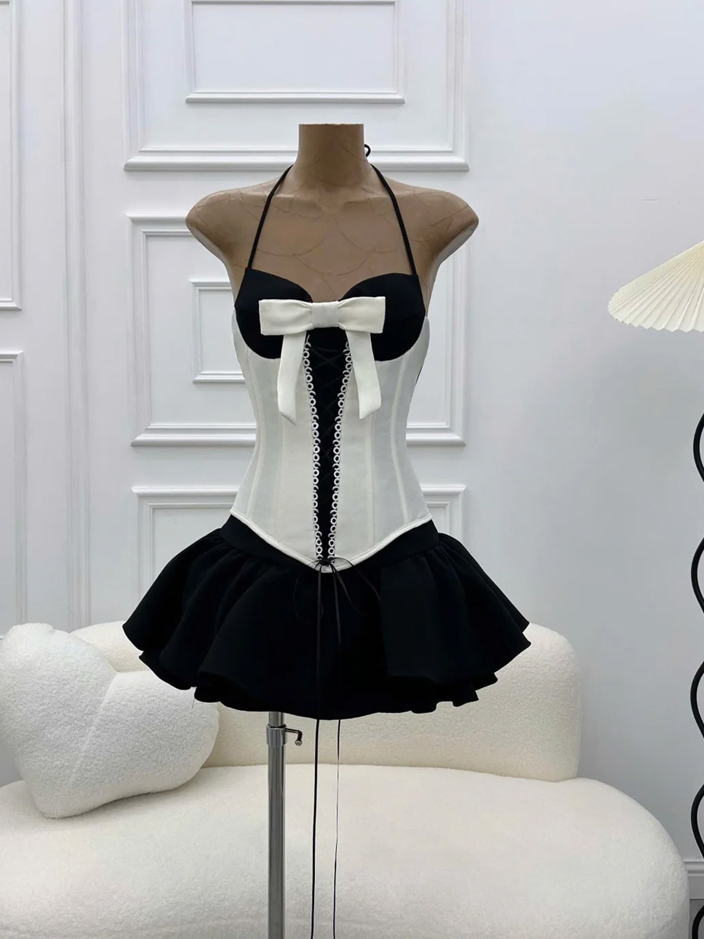 Halter Black White Patchwork Mini Dress