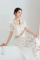 Cropped Peak Lace Top Skirt Set in White