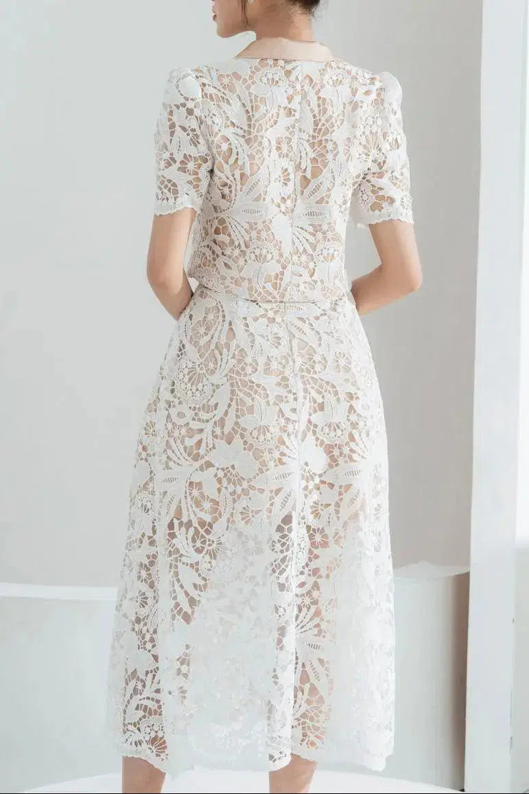 Cropped Peak Lace Top Skirt Set in White