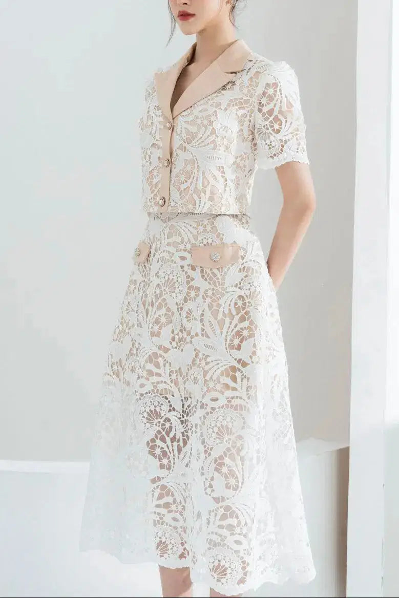 Cropped Peak Lace Top Skirt Set in White