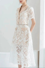 Cropped Peak Lace Top Skirt Set in White