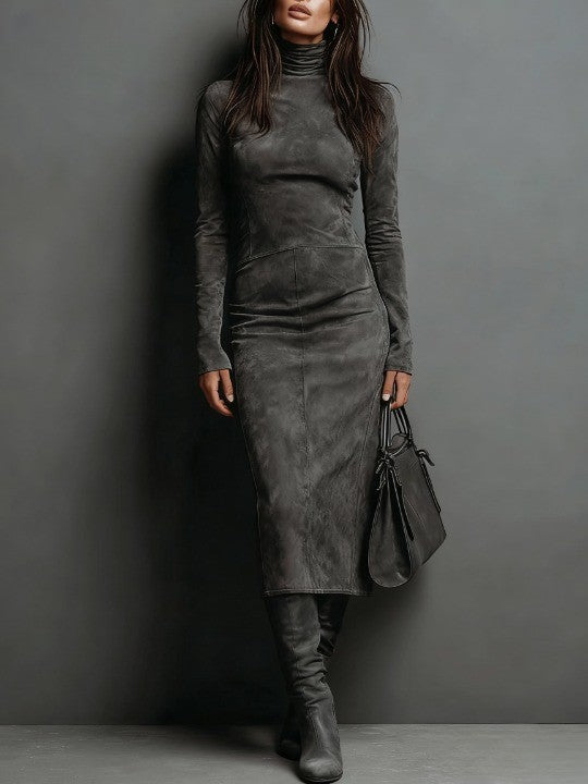 High Neck Long Sleeve Midi Dress