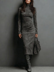 High Neck Long Sleeve Midi Dress