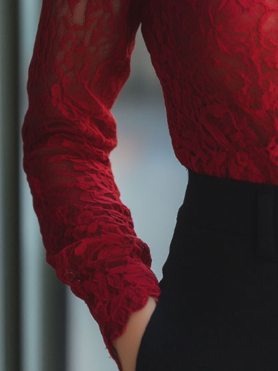 Classic Floral Lace BlouSequin with High Neck
