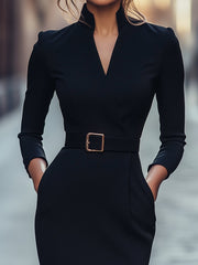 Refined Black Sheath Dress with Mandarin Collar