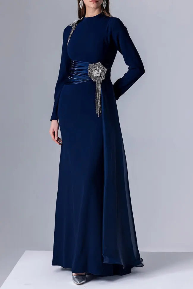Crystal Flower Long-Sleeve Lace Maxi Dress in Blue