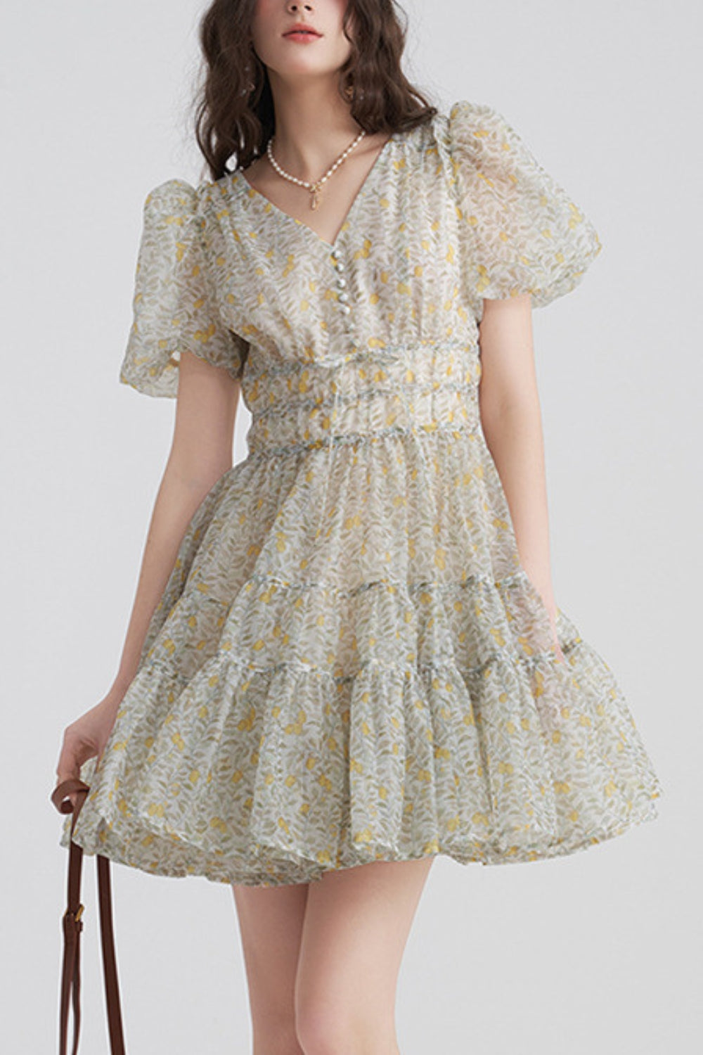 Printed V-neck mini dress in Yellow