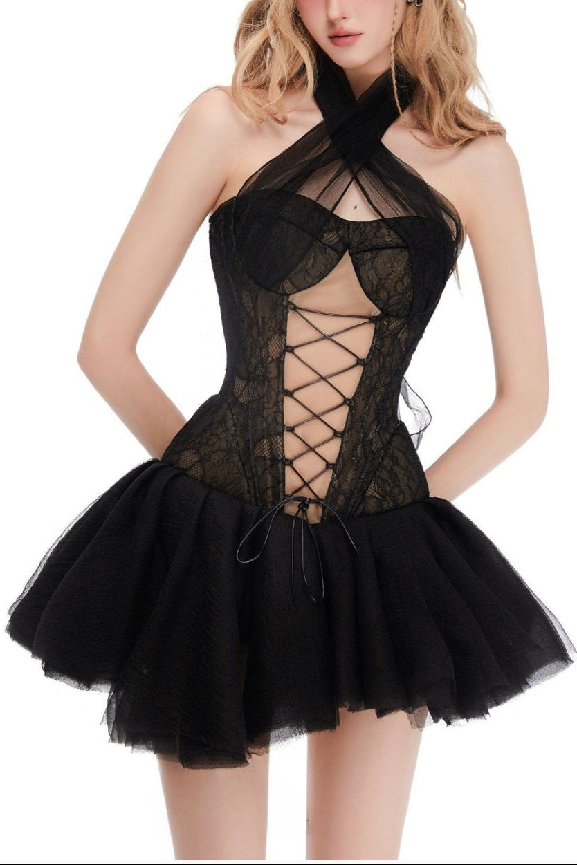 Halter Neck Top with Cross Straps Mini Dress in Black