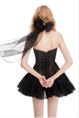 Halter Neck Top with Cross Straps Mini Dress in Black