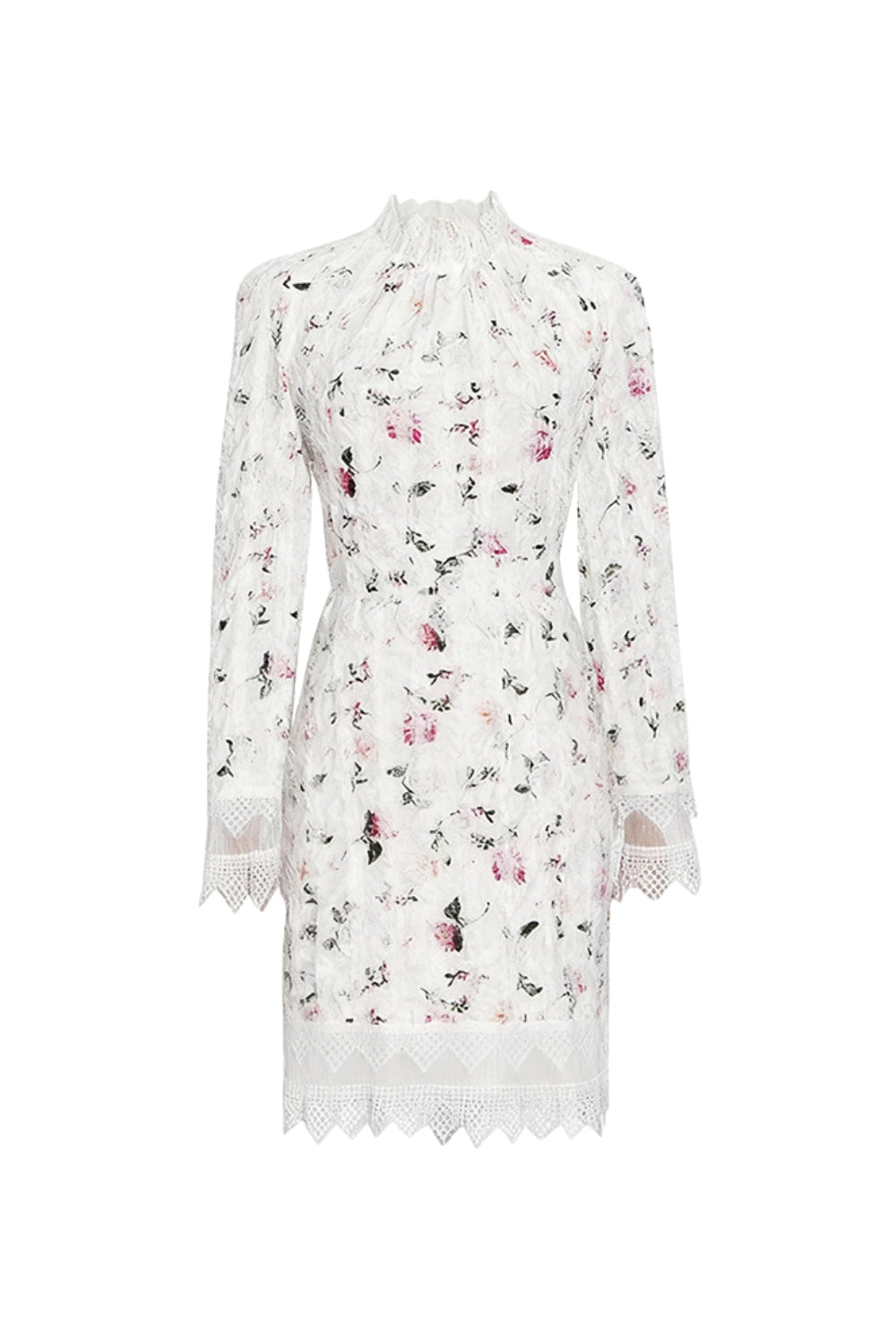 Lace-Trim Long-Sleeve Floral Midi Dress in White