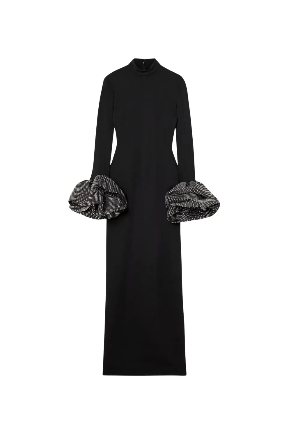 Black Ruffled Crystal-Embellished Crepe Mock-Neck Gown
