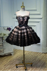 Lace Puffy Mini Dress in Black