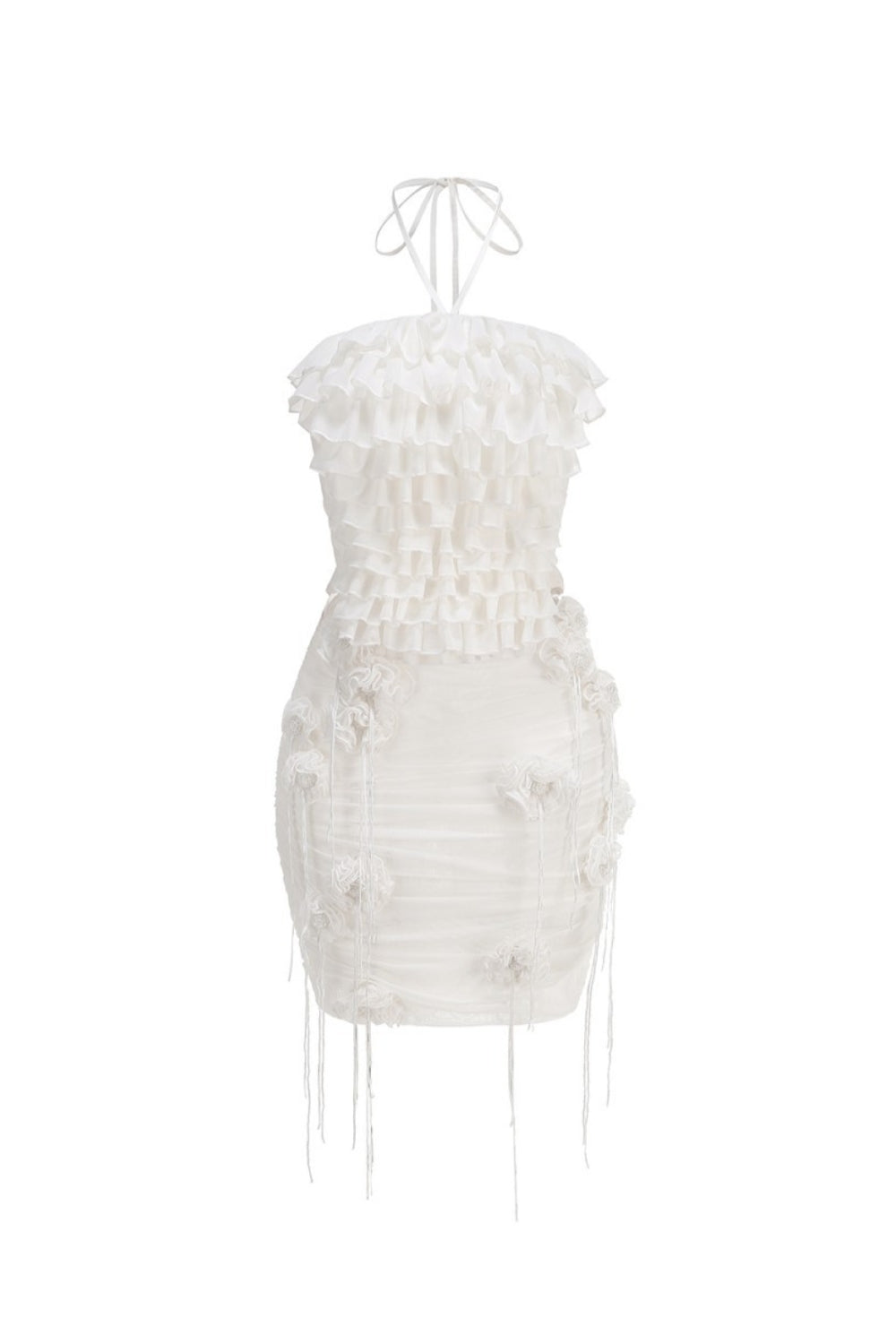 Halter Ruched Mesh Floral Mini Dress in White