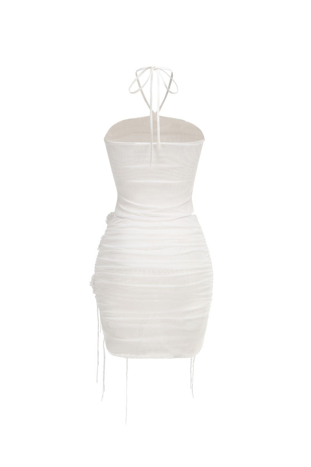 Halter Ruched Mesh Floral Mini Dress in White