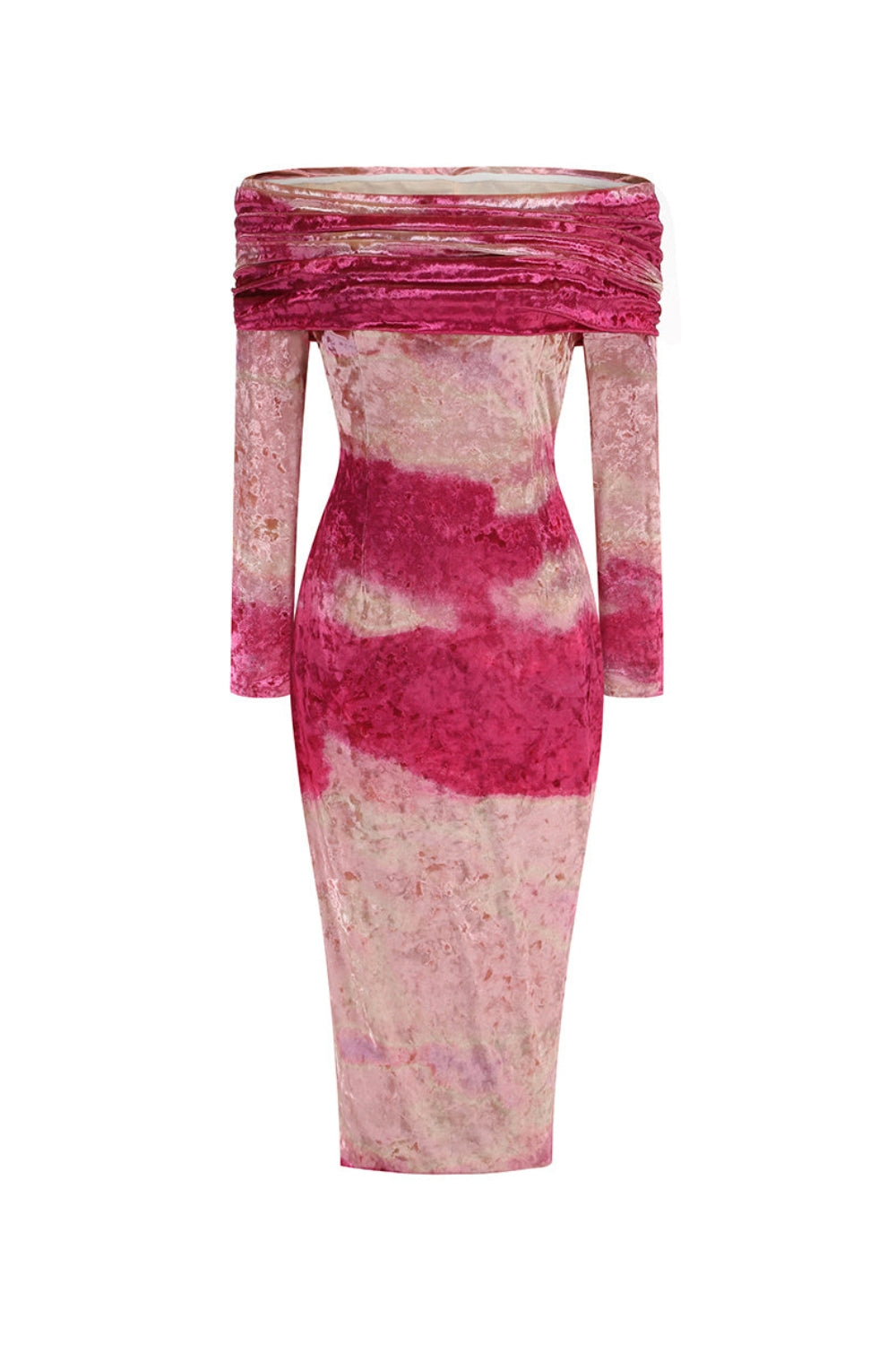 Pink Off-Shoulder Print Long Sleeve Midi Dress