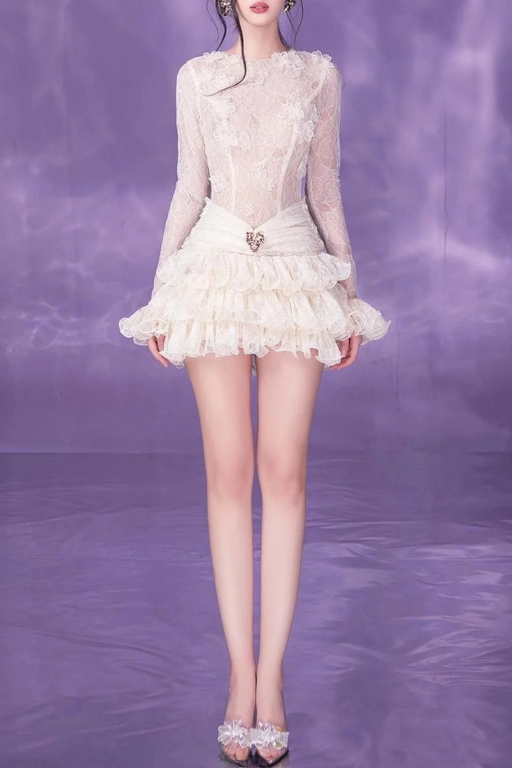 Lace Embroidery Ruched Trim Mini Dress in White