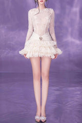 Lace Embroidery Ruched Trim Mini Dress in White