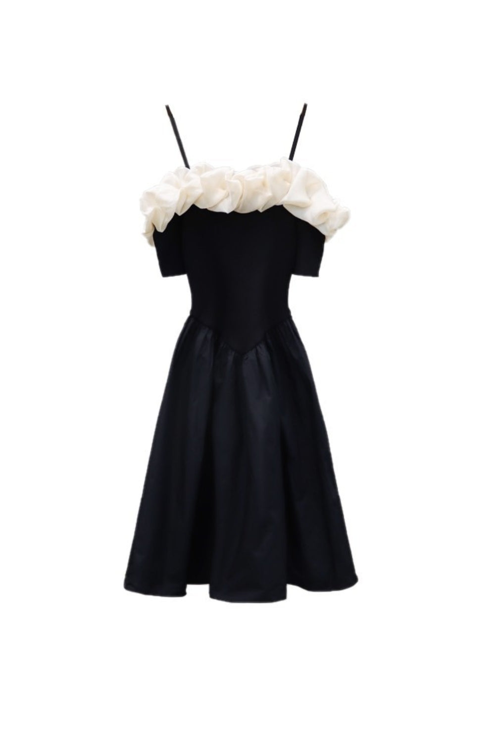 Off-Shoulder Ruffle Trim Mini Dress in Black