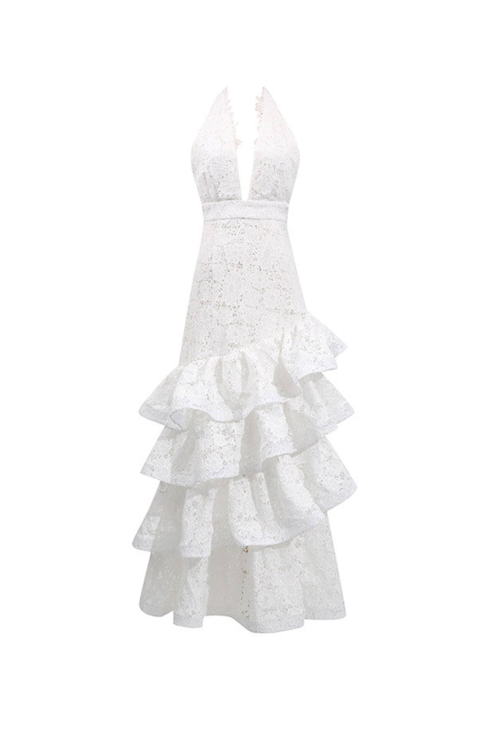 White Deep V-Neck Ruffle Trim Maxi Dress