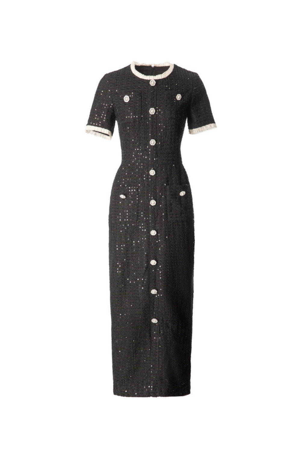 Round Neck Short Sleeves Sequin Maxi Dress in Black