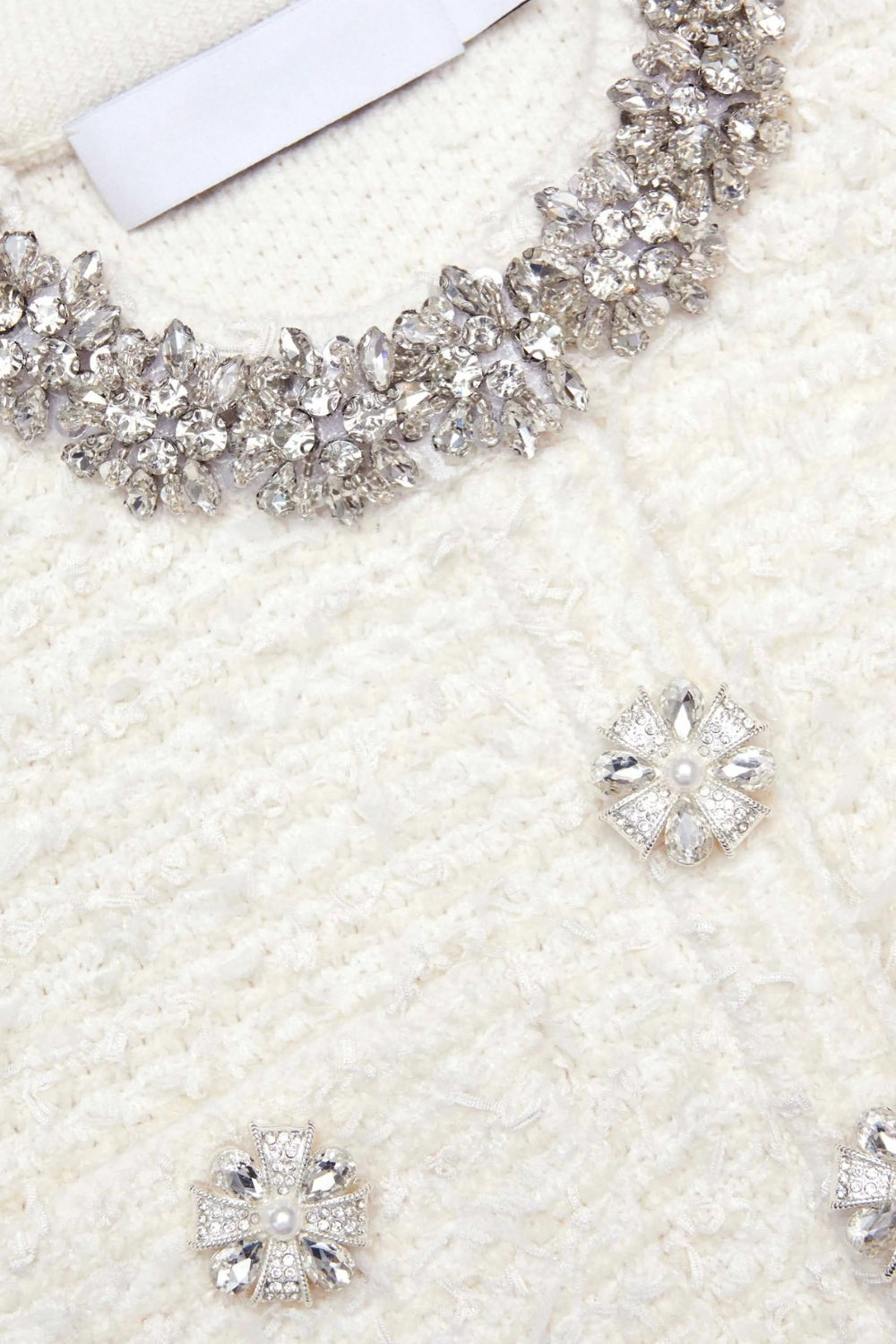 Diamond-Embellished Cardigan Skirt Set in White